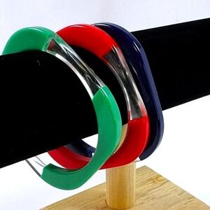 Vintage Lucite Acrylic Bangle Bracelet 3 pcs Primary Clear Geometric 60s Mod Pop